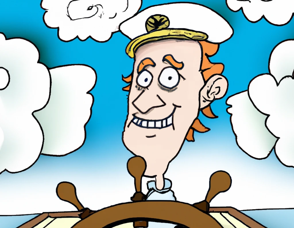 dall-e with prompt 'ship stearing towards clouds, a captain behind the steering wheel, cartoon, wide angle'